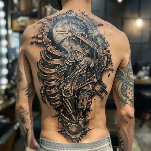 Biomechanical tattoo with gothic elements in the style of Gerald Brom