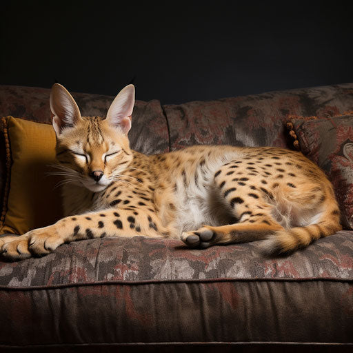 A serval cat sleeping on a couch