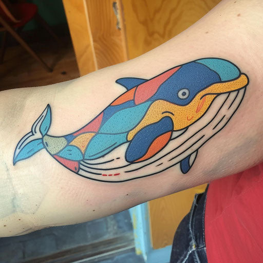Whimsical tattoo design of a cartoon whale