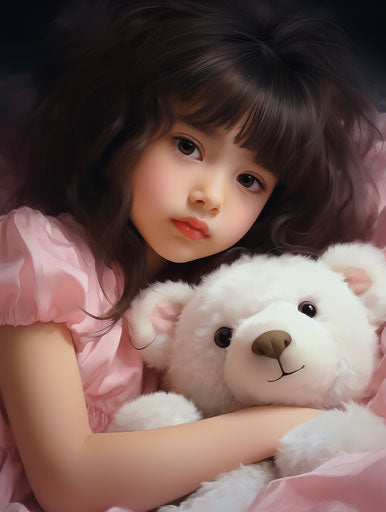 Pink girl and teddy bears, animated style, realistic, lovely