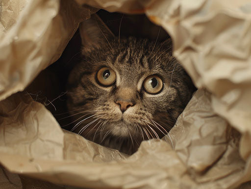 Cat in a paper bag, expressive facial expression