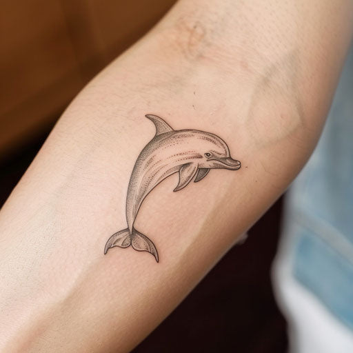 Small delicate dolphin tattoo with fine lines on clean white background