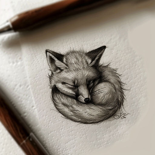 Tranquil flat tattoo sketch of a sleeping fox in curled position