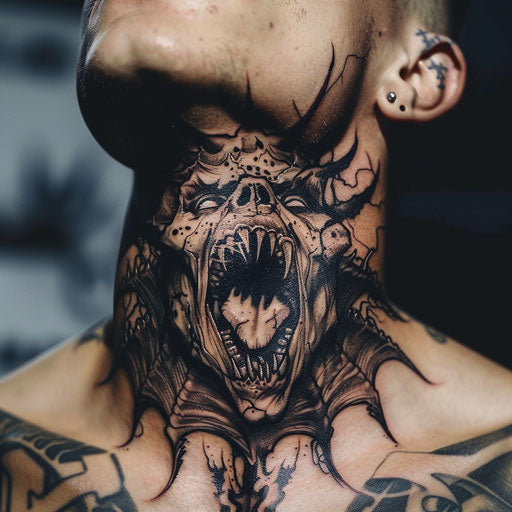 Men's Neck Tattoo Eerie Demonic Faces Brom Style