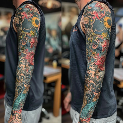 Sleeve tattoo of classic sailor motifs and mermaids