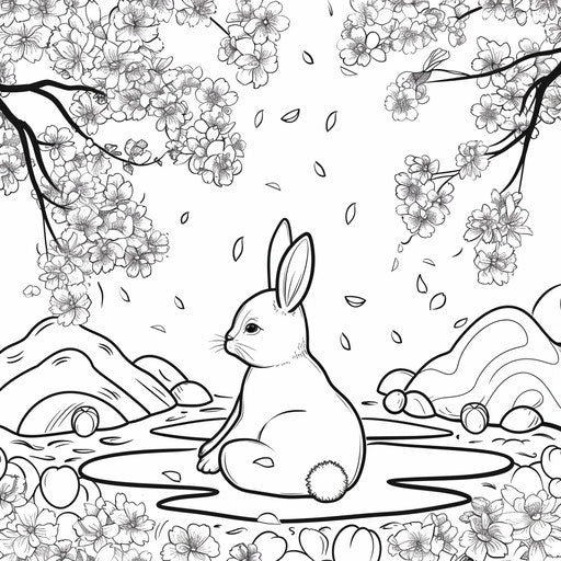 Zen garden with Easter bunny meditating among cherry blossoms