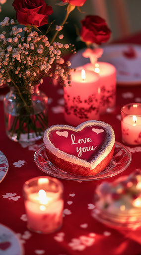 Valentine's Day table setting with heart-shaped cake, flowers and candles