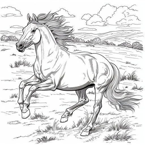 Majestic horse galloping in an open field. Coloring book page