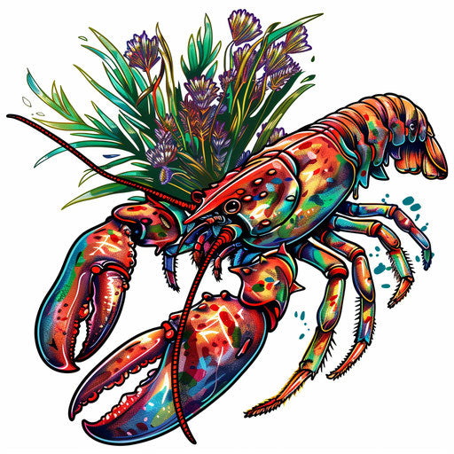 Charming flat tattoo sketch lobster bouquet seaweed