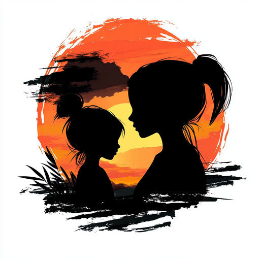Mother and daughter silhouette with sunset - tattoo sketch