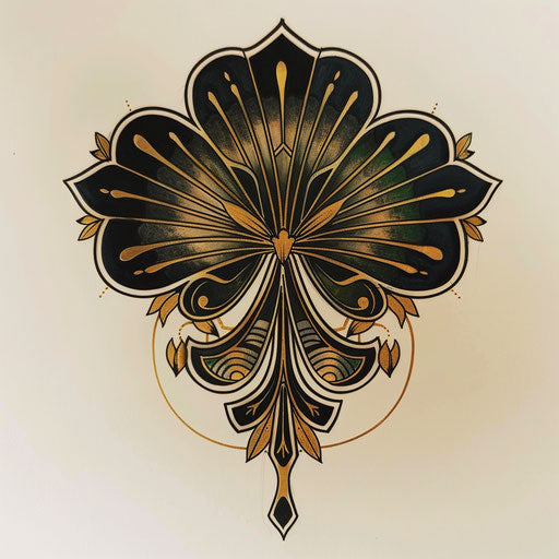 Stylish flat tattoo sketch of a 4 leaf clover with art deco elements in black and gold
