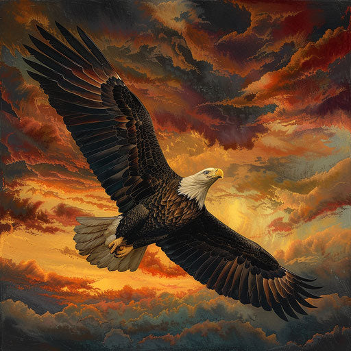 Bald eagle in flight with a dramatic sky