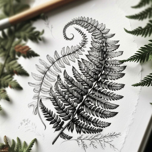 Botanical illustration style fern tattoo on white paper