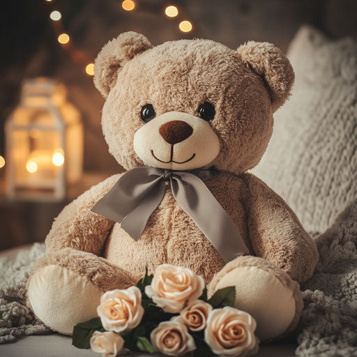 Cute teddy bear plush toy with roses, sitting on the table