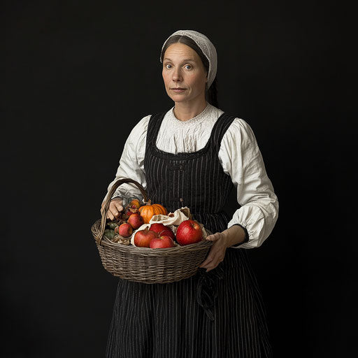 American historical figure in black and white peasant dress