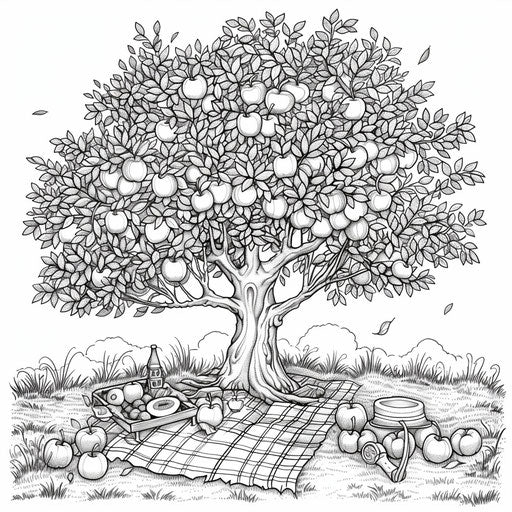 Apple tree with fruits and picnic blanket