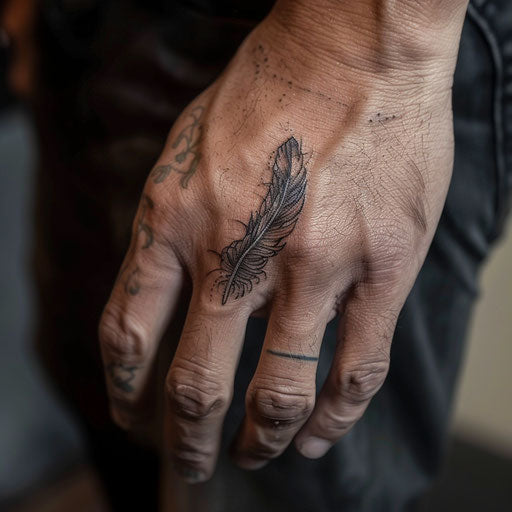 Detailed feather ring tattoo, Steve McNiven style, on finger