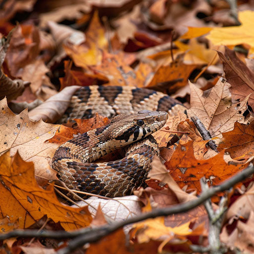 A massasauga rattlesnake camouflaged among fallen autumn leaves in a dense woodland.