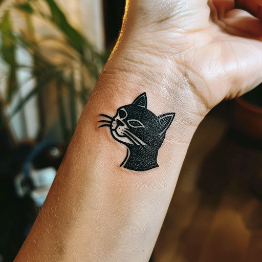 Easy tattoo of a minimalist cat, in the style of Gerald Brom, on the wrist