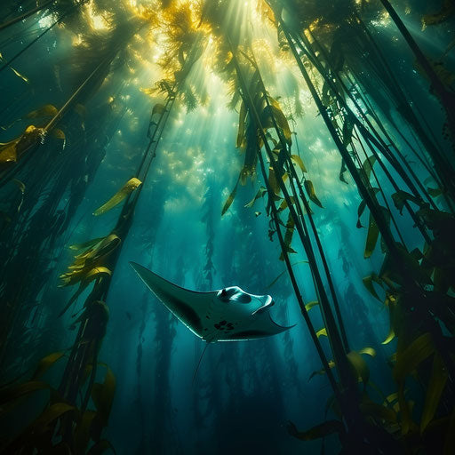 Manta ray navigating through giant kelp