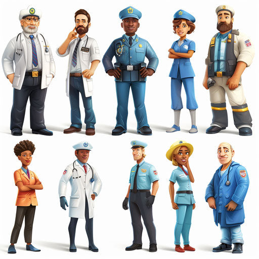 Realistic community helpers clipart on flat white background