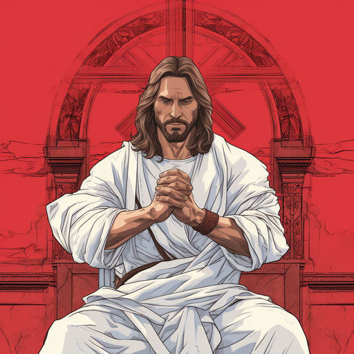 Jesus' hands in his lap, carrying his cross and a large handkerchief
