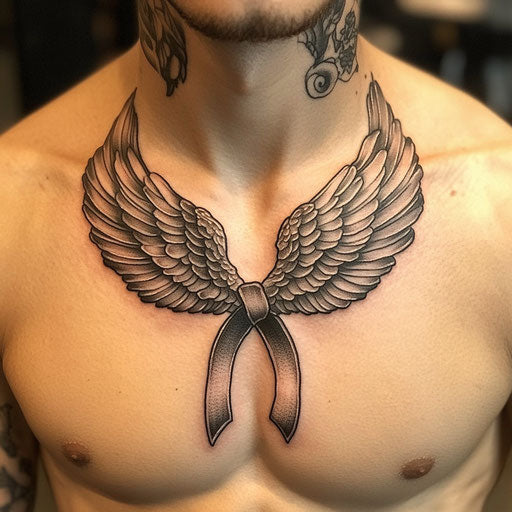 Cancer tattoo with ribbon and angel wings on collarbone