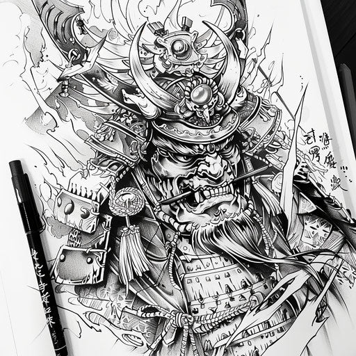 Cultural flat tattoo sketch of a Japanese demon with historical armor and weaponry