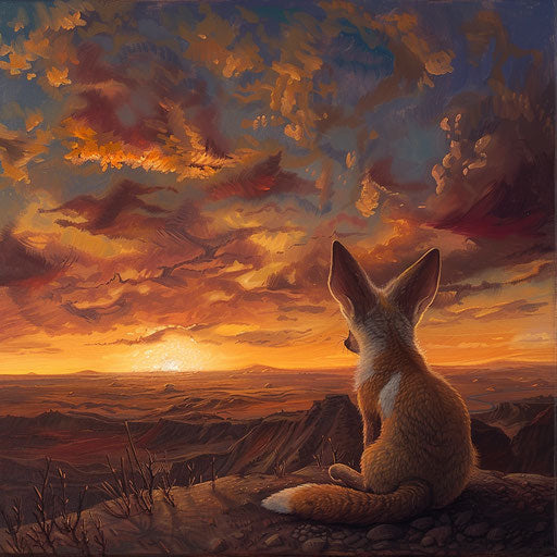 Fennec fox in a desert landscape at sunset