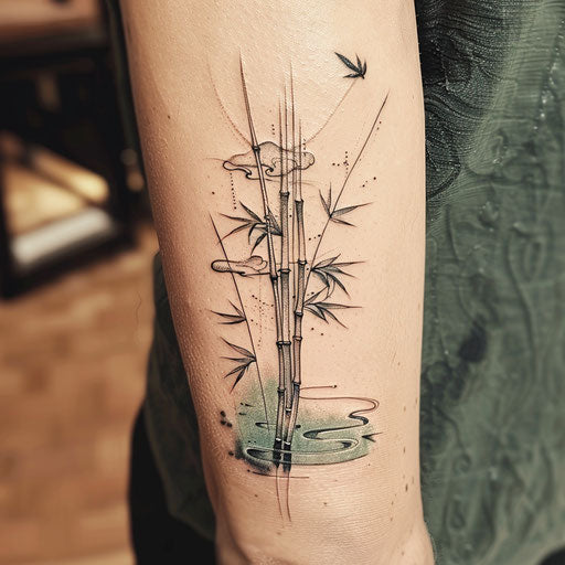 Zen-inspired flat tattoo sketch with bamboo and water motif