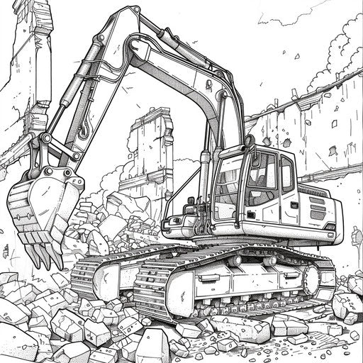 Detailed illustration of a bulldozer at a demolition site, tearing down an old building. Coloring book page