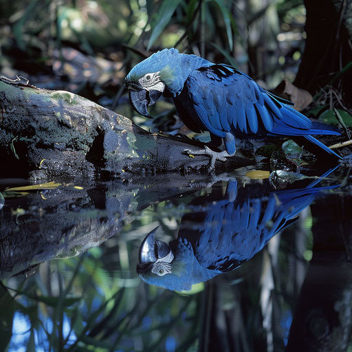 A Spix's macaw navigating a riverbank, its reflection