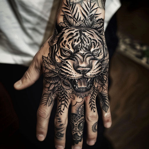 Men's hand tattoo: fierce animal designs, Ami James style
