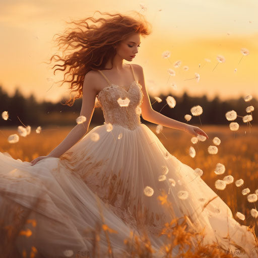 Wedding dress and dandelions in field at sunset