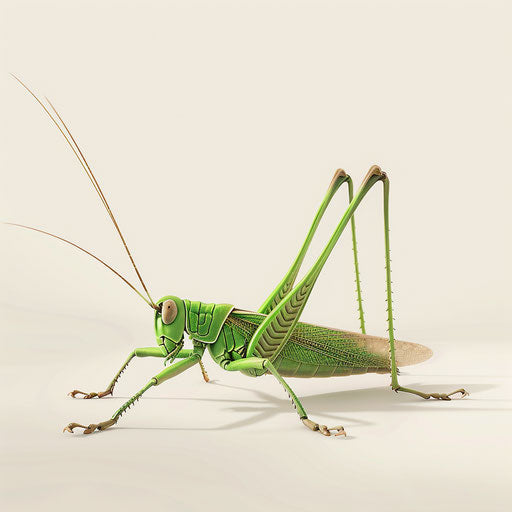Realistic grasshopper clipart on flat white background, high contrast and soft shadows