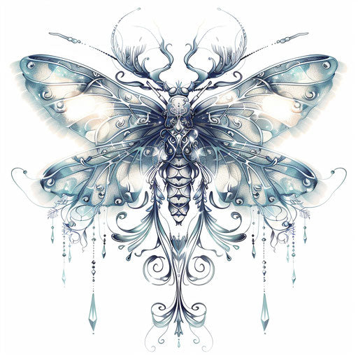 Fantasy tattoo sketch of a firefly with whimsical wings and shimmering silver details in clipart style
