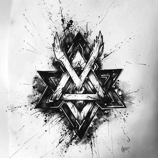 Dynamic brush stroke tattoo sketch of Valknut with ink splashes