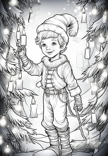 Christmas elf coloring page with Christmas lights, in light purple and light black style
