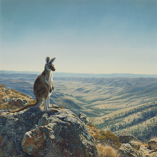 Grey kangaroo overlooking valley from rocky outcrop