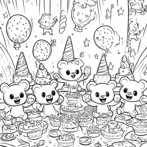 Cartoonish gummy bear party with funny hats