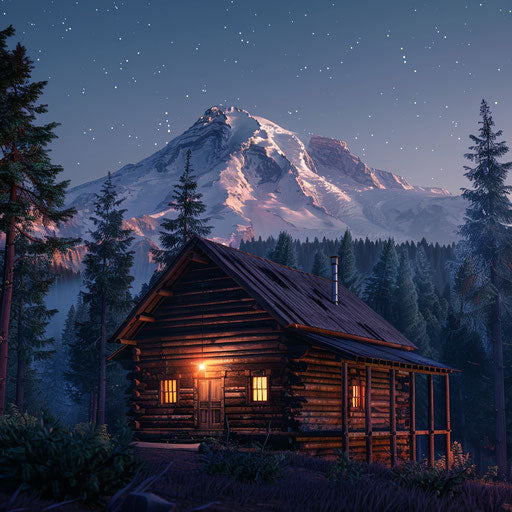 Wooden cabin in forest at twilight with lights on