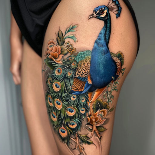 Elegant peacock thigh tattoo in the style of J.P. Targete