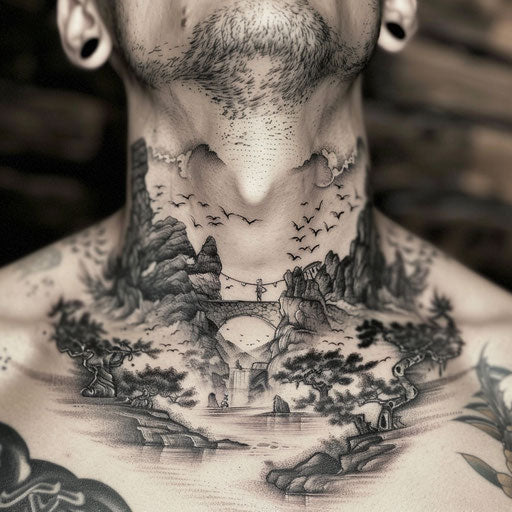 Men's neck tattoo depicting a surreal fantasy landscape, in the style of David Palumbo