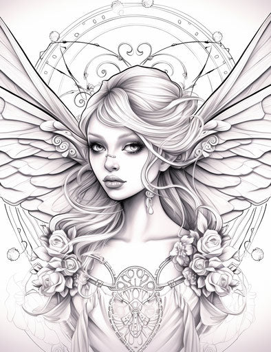 A fairy with large wings and a circle coloring page