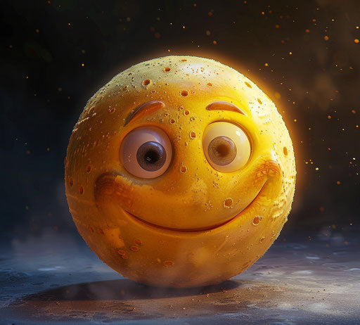 A smiling emoji in a staring contest in the style of the stars art group, exaggerated features