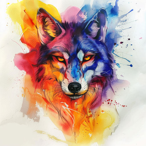 Watercolor tattoo sketch of a lobo with blending colors and translucent effect