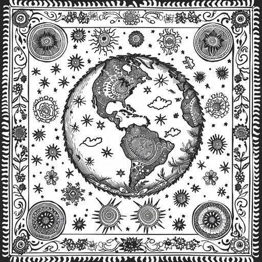 Stylized drawing of Earth with traditional patterns. Coloring page