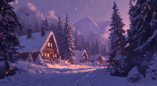 Beautiful Christmas scene with snow covered trees and cottages