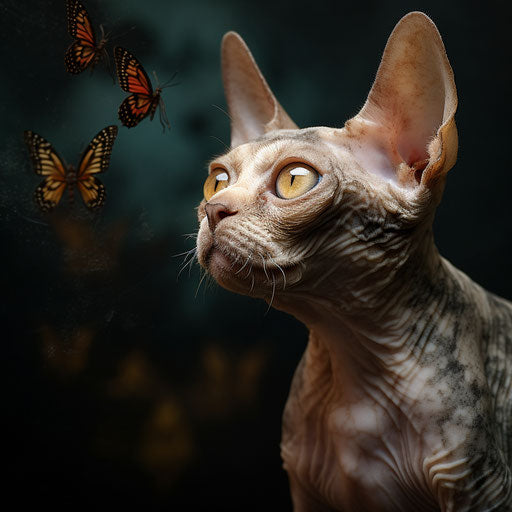 Devon Rex cat staring at an insect