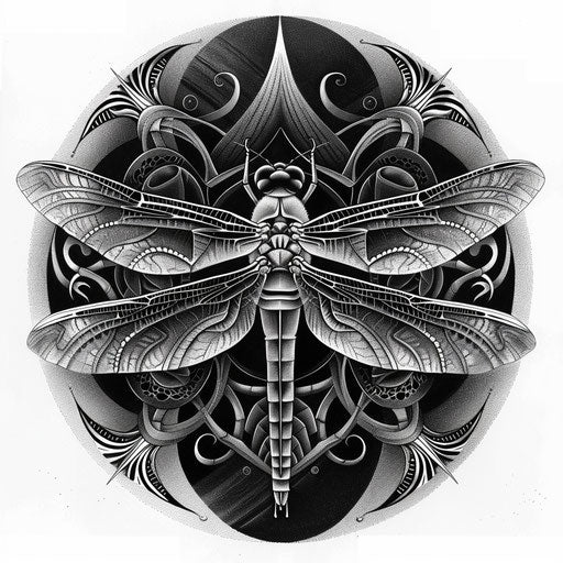 Stylized dragonfly in graphite, maori art and symmetry